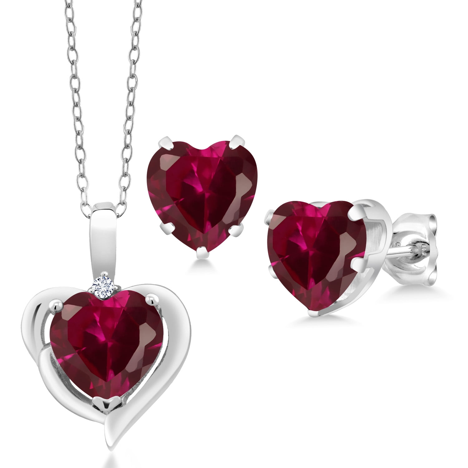 Gem Stone King 925 Sterling Silver Pendant and Earrings Jewelry Set Created Ruby Moissanite (5.12 Cttw)