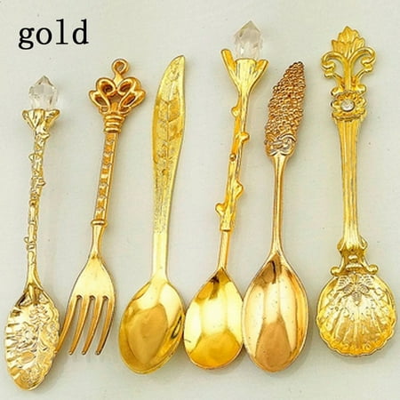 

Farfi 6Pcs/Set Retro Palace Cutlery Alloy Tea Coffee Spoons Fork Dinnerware Tableware (Golden)