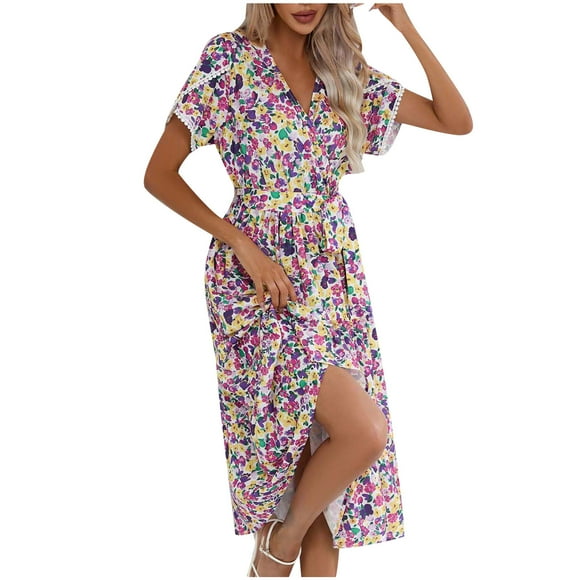Pisexur Women's 2024 Summer Maxi Sundress Casual Floral Boho Beach Dresses Wrap V Neck Short Sleeve Belted Ruffle Hem A-Line Flowy Maxi Dresses
