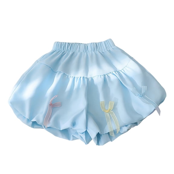 WEIGFI Toddler Baby Girls Puff Shorts Princess Bowknot Solid Color Loose Fit Lightweight Elastic Waist Summer Outdoor Play Casual Everyday Wear Relaxed Party Bottoms,Blue,4-5 Years