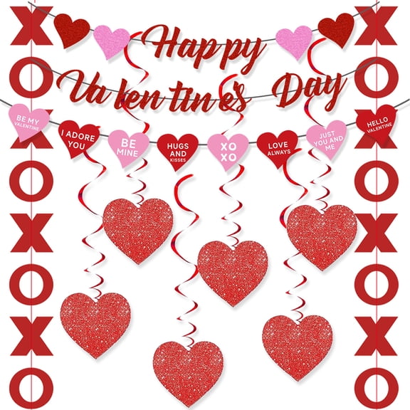 Valentine's Day Banner Decorations Kit,  Happy Valentine , Heart Garland, Streamers & Swirls for Romantic Wall Décor