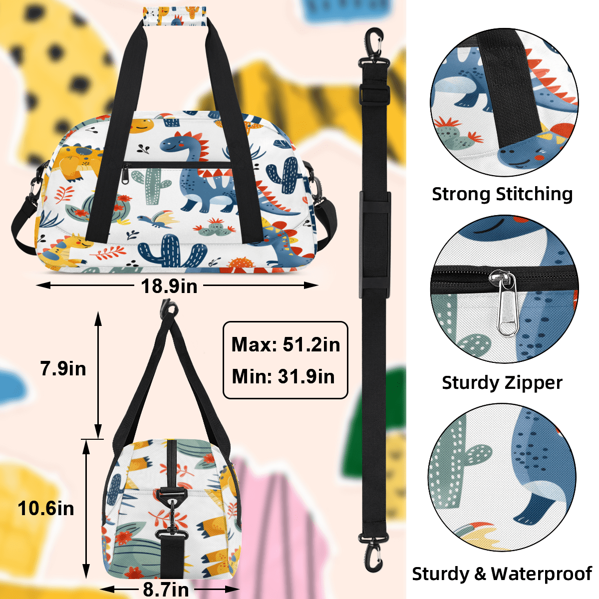 Herdesigns Cute Dinosaur Sports Duffle Bag for Women & Men, Animals Plants Gym Bag Dance Bag Overnight Bag Carry On Weekender Travel Bag