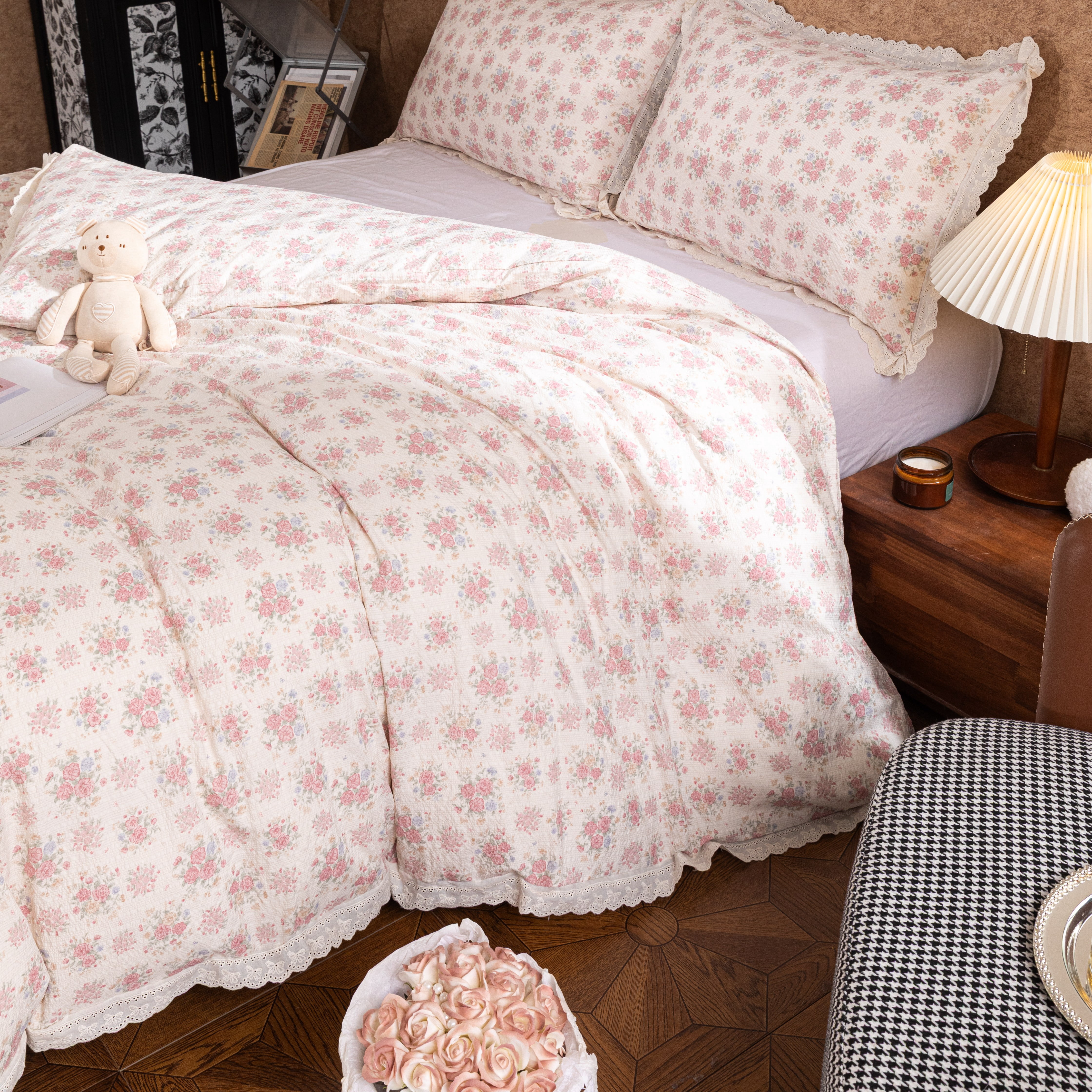 Floral Duvet Cover Twin Pink Flower Bowknot Lace Ruffle Duvet Cover Set Country Vintage Farmhouse Bedding Set for Girls Kids Textured Seersucker Reversible Comforter Cover 3 Pcs