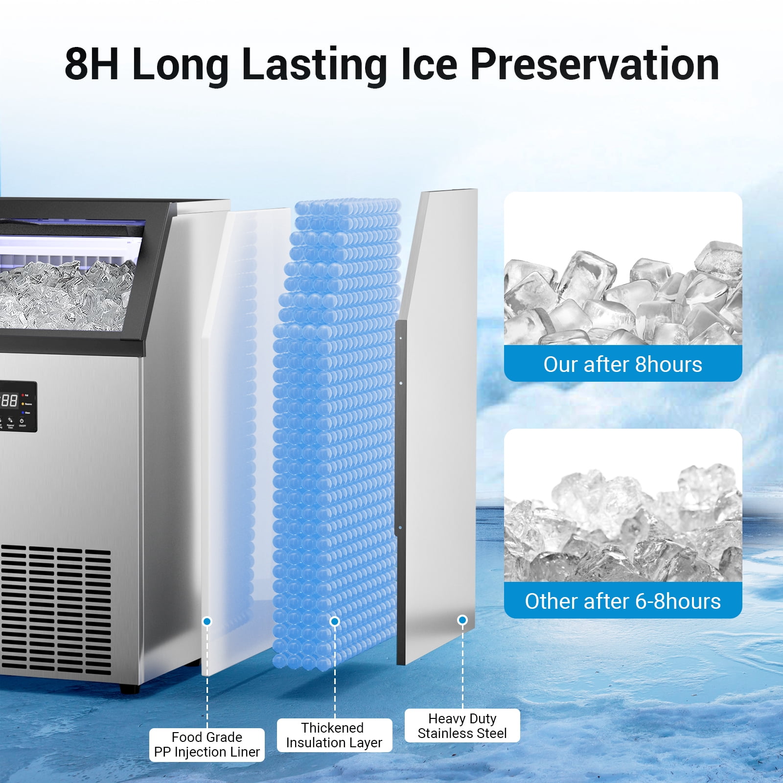 Commercial Ice Maker 200lbs/24H, 50lbs Storage Bin, Under Counter Ice Machine