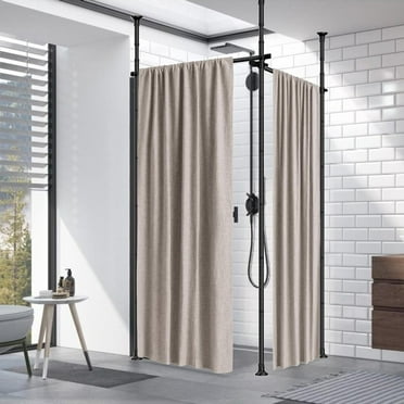 Double Curtain Divider Stand - 48 to 144 inches Expandable Curtain Rod Room Divider， Damage Free Freestanding Vertical Tension Stand, Black