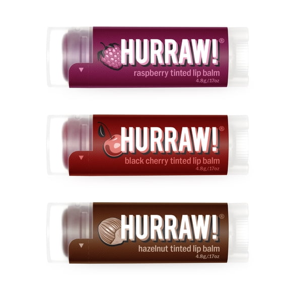 Hurraw! Raspberry, Black Cherry, Hazelnut Tinted Lip Balms, 3 Pack: 100% Natural, Organic, Vegan