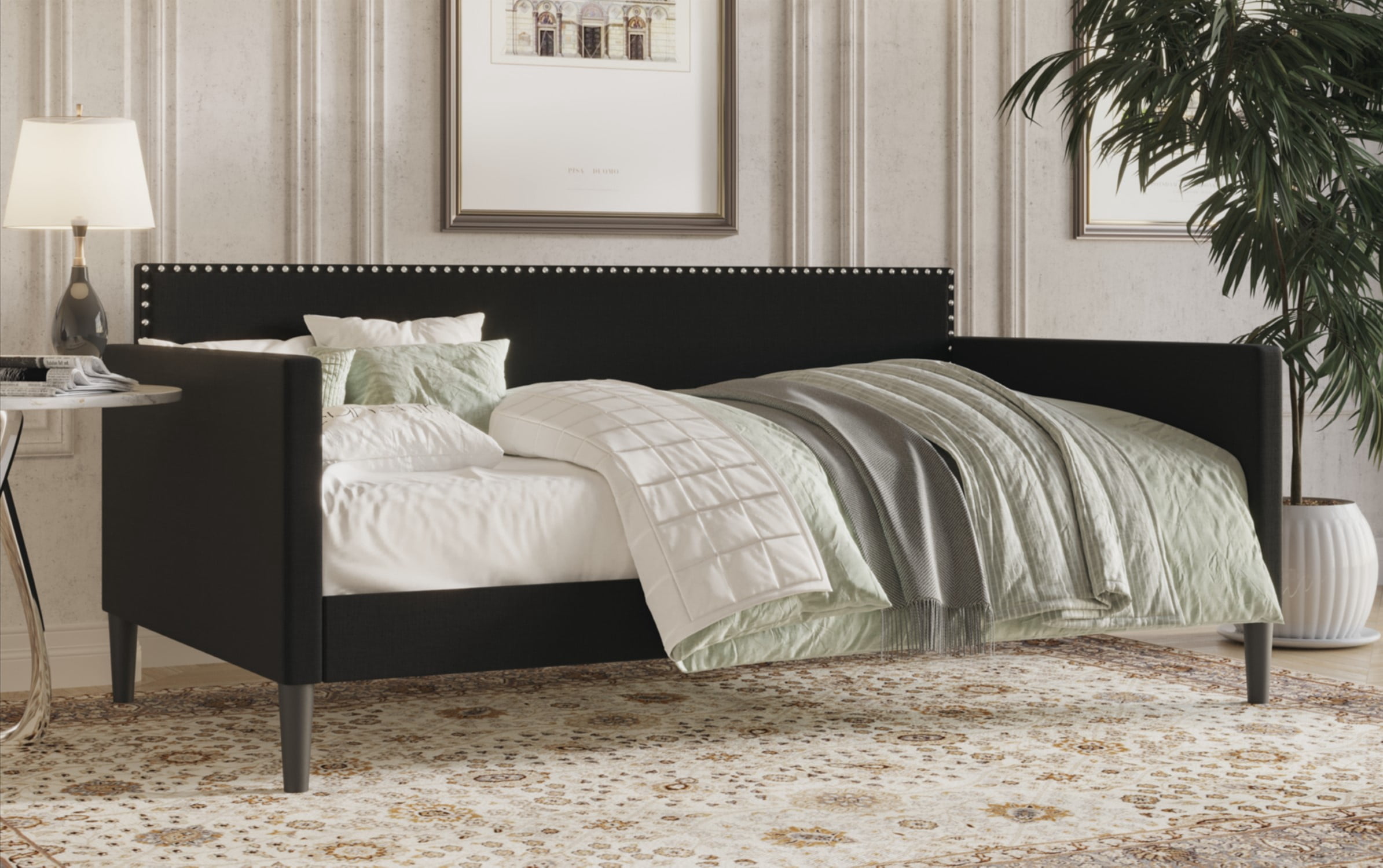 Home Design Sutton Twin Daybed with Upholstered Frame, Square Arms, Nailhead Trim, Comfortable Polyester Fabric, Stylish Seating and Sleeping Solution, Black
