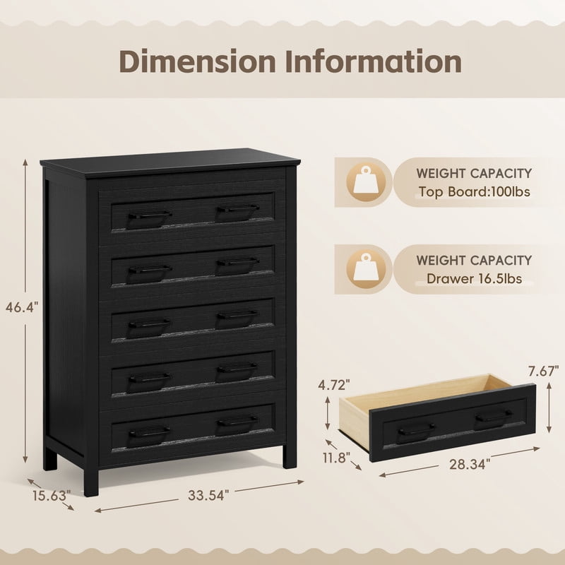 Homall Modern 5-Drawer Dresser Chest, Storage Cabinet Organizer with Handles for Bedroom, Living Room, Closet, Hallway,Black