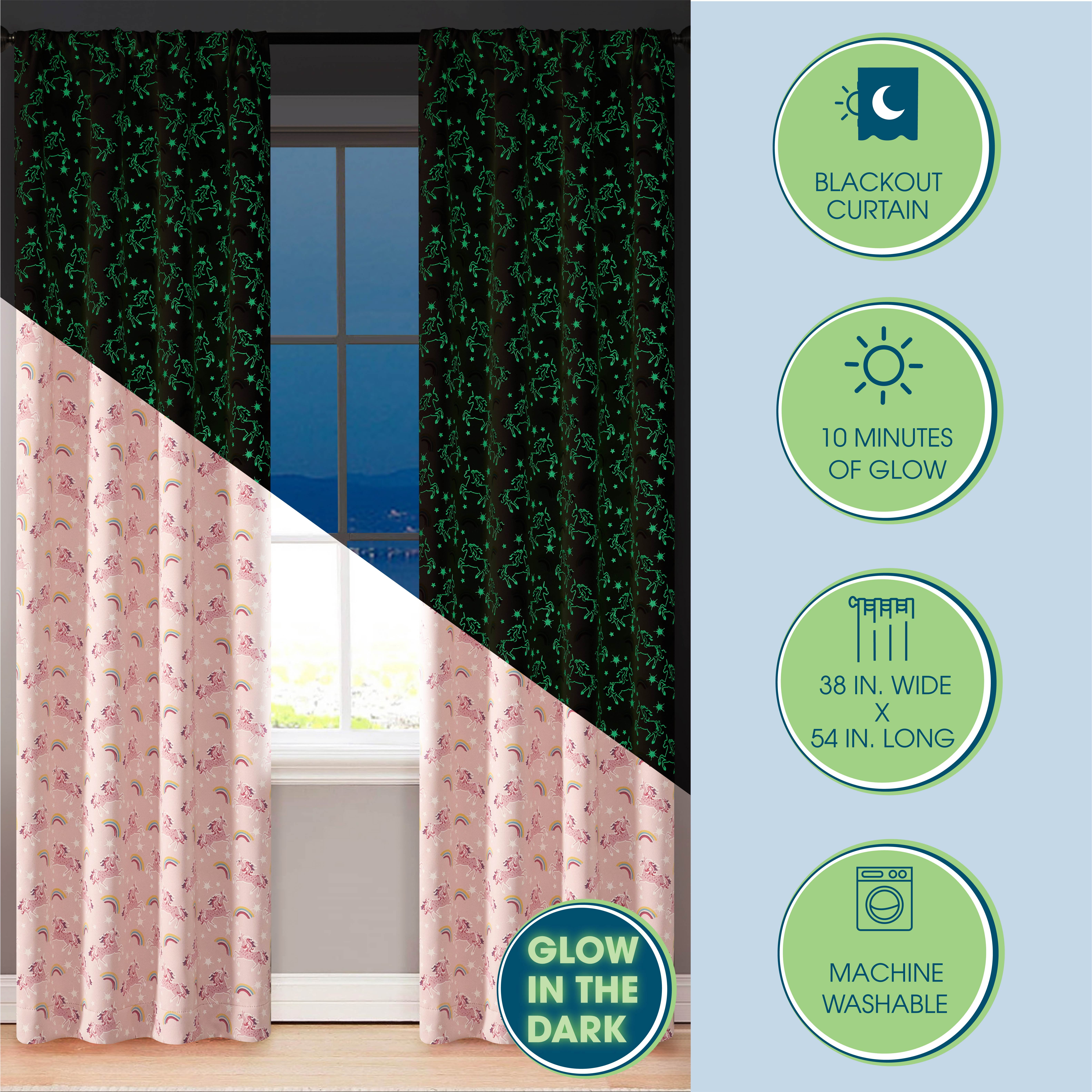 Your Zone Blackout Curtain Panel with Glow in the Dark Print, 1 Panel, Pink Unicorn, 37" W x 54" L