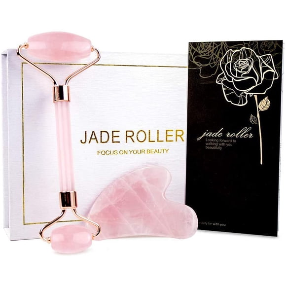 Jade Roller & Gua Sha, Face Roller, Facial Beauty Roller , Rose Quartz Massager for Face, Eyes, Neck, Body Muscle Relaxing and Relieve Fine Lines and Wrinkles
