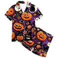 thumbnail image 3 of Child Girls Pajamas Cute Halloween Themed Cartoon Pumpkin Pattern Short Sleeve Notch Collar Button Down Relaxed Fit 2Pc Summer Pajama Parties Stylish Nightwear,Purple,2-3 Years, 3 of 3
