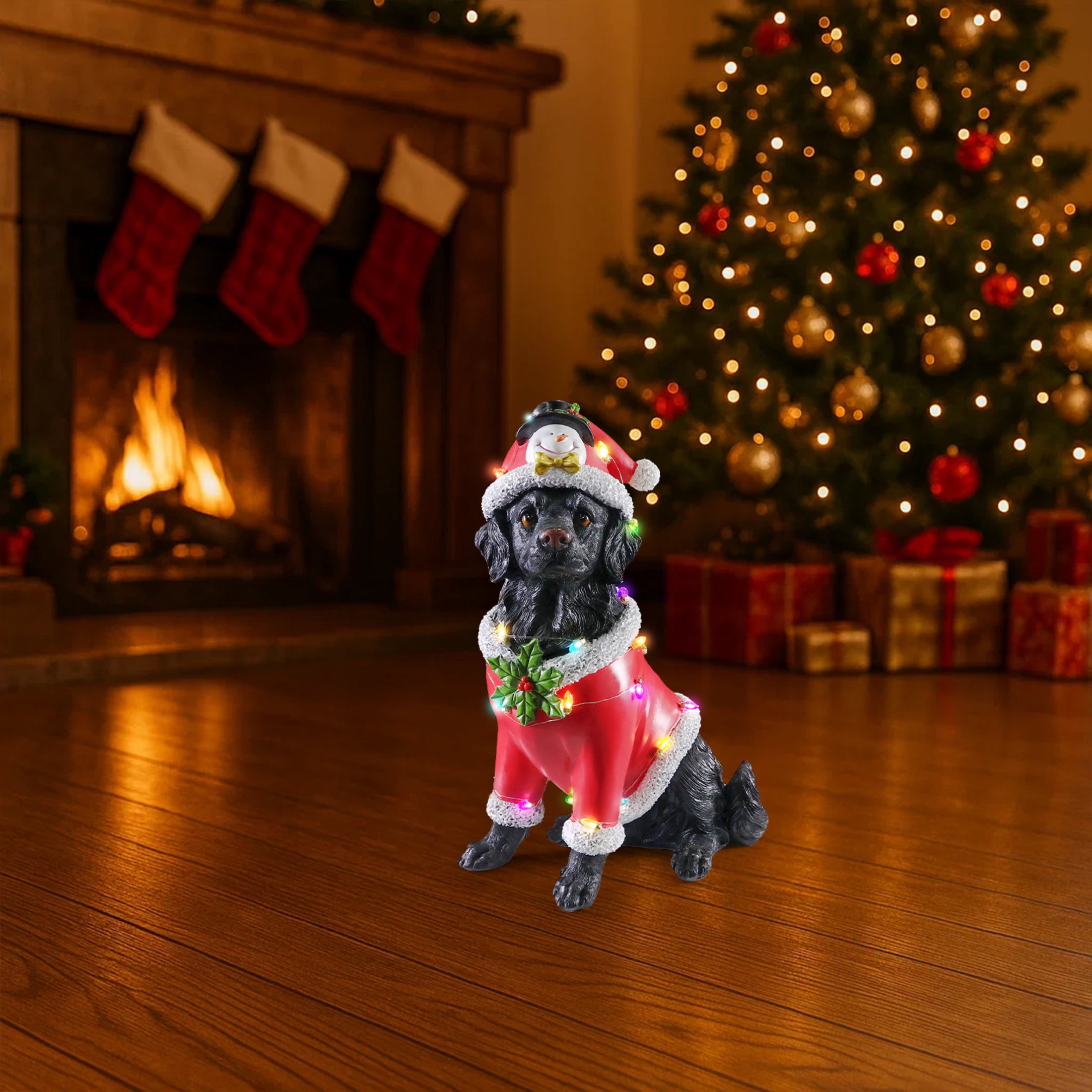Noble House Christmas Golden Retriever Statue, Cheerful Holiday Dog Figurine in Santa Outfit, Black Fur & Red Shirt