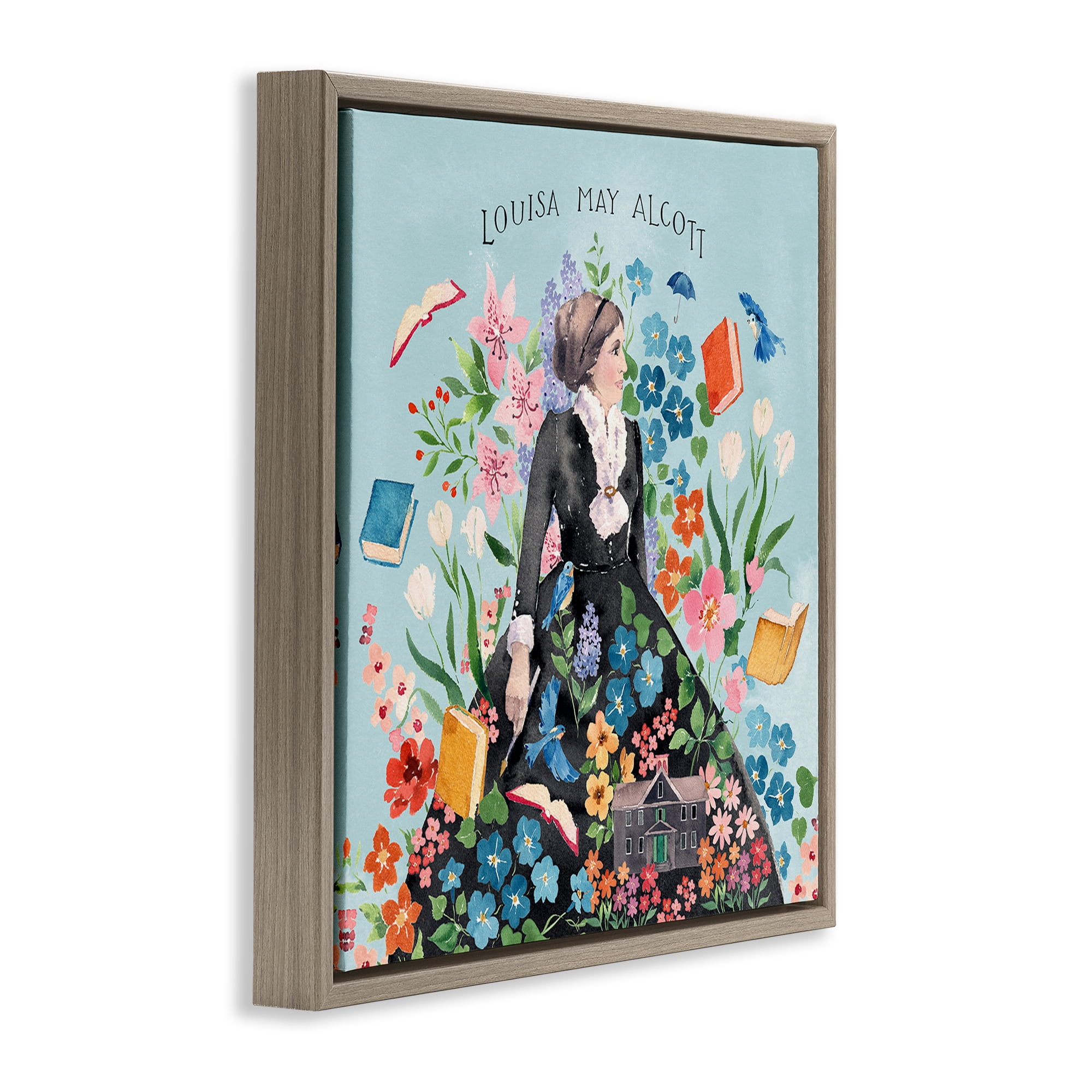 Stupell Industries Louisa May Alcott Portrait History & Language Painting Brown Floater Framed Canvas Art Print Wall Art, 18 x 18
