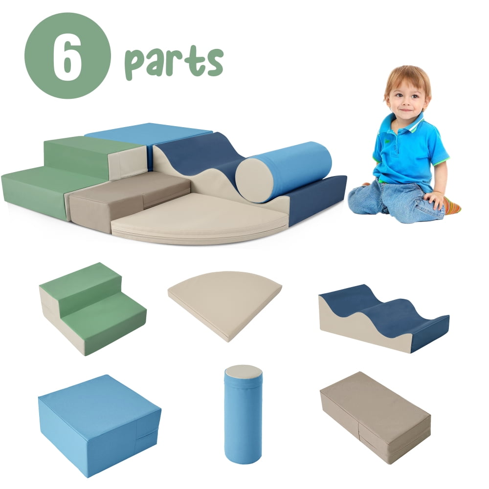 6 in 1 Soft Climb and Crawl Foam Playset for Baby, Toddler Indoor Play Equipment with Ramp, Steps, Wave Mat, Cylinder, EPE Foam,Blue & Green