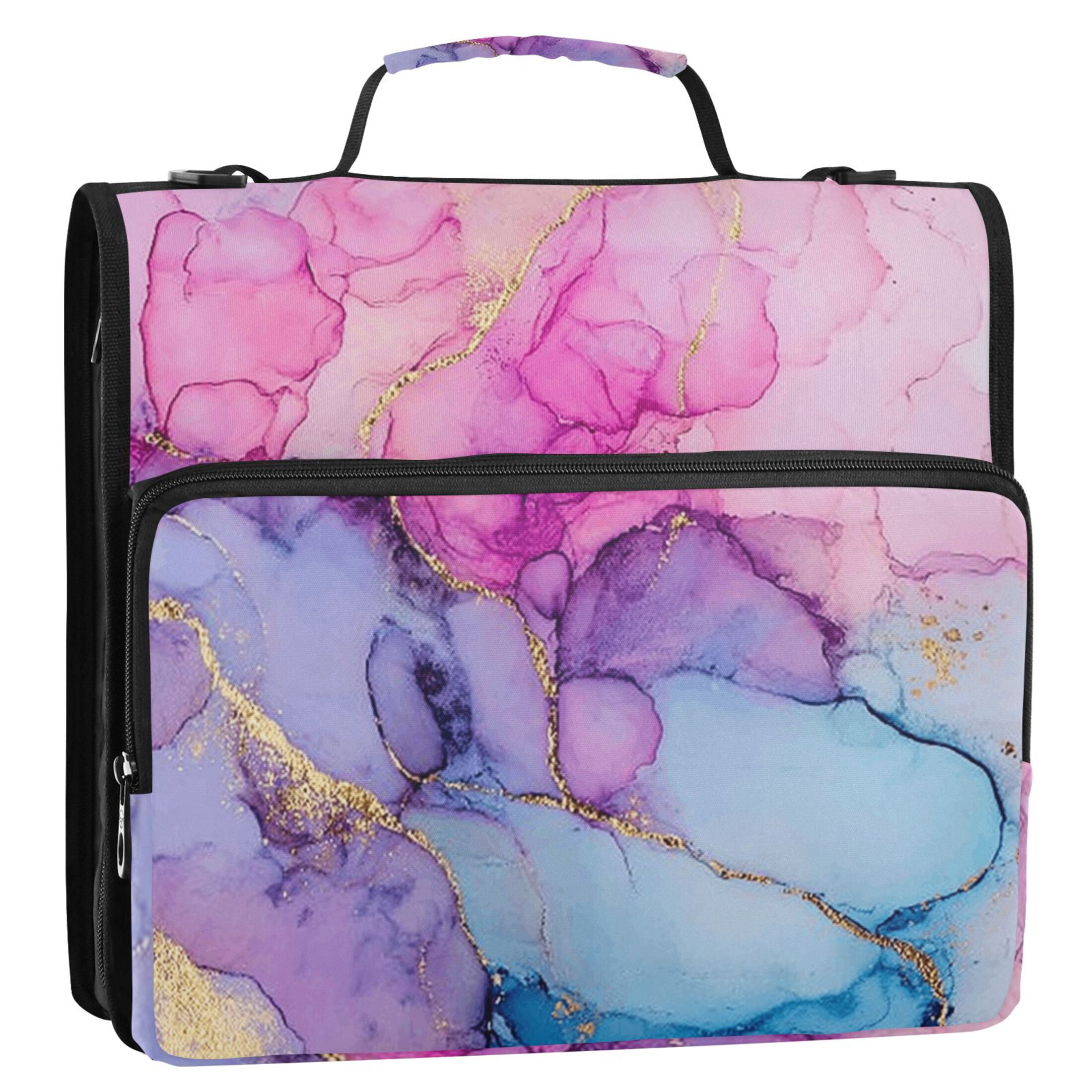 3 Ring Zipper Binder with Shoulder Strap Waterproof Trapper Keeper 2 Inch D-Ring 500 Sheets Capacity Pink Purple Blue Marble