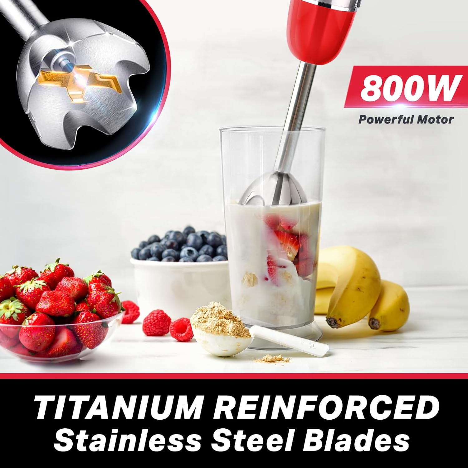 Mueller Multistick 800W 5-in-1 Immersion Blender Handheld, 12 Speed Hand Mixer - Turbo Boost, Heaviest Duty Copper Motor, Titanium Blades Hand Blender, Milk Frother Wand, Red Kitchen Accessories