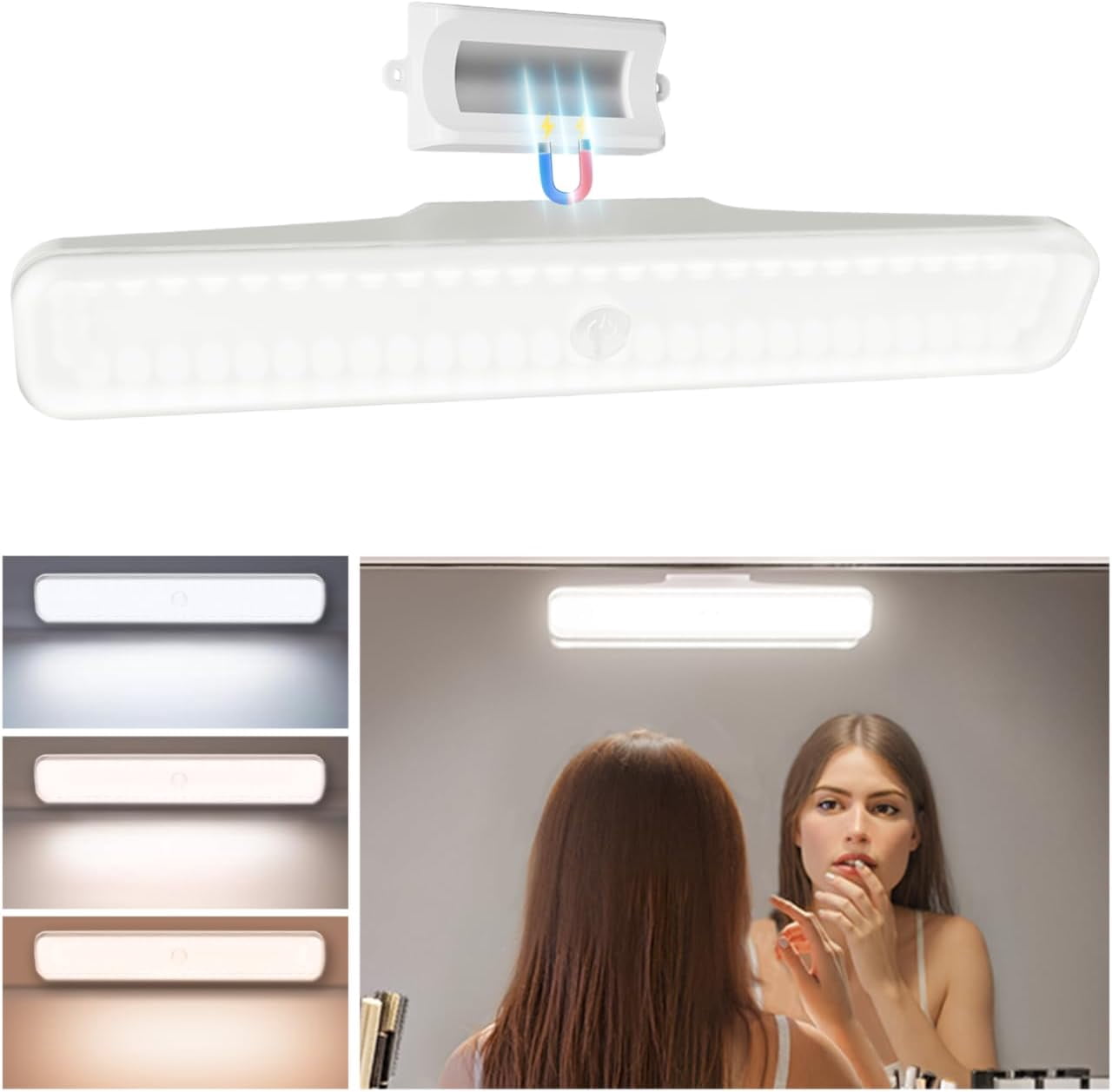 RGHJAR-Wireless Makeup Light 1 Pack, Vanity Lights for Mirror, Bathroom Vanity Light, Rechargeable, 3 Color Temperatures, Stepless Dimming, Touch Control, Adjustable Angle, Women's Gifts