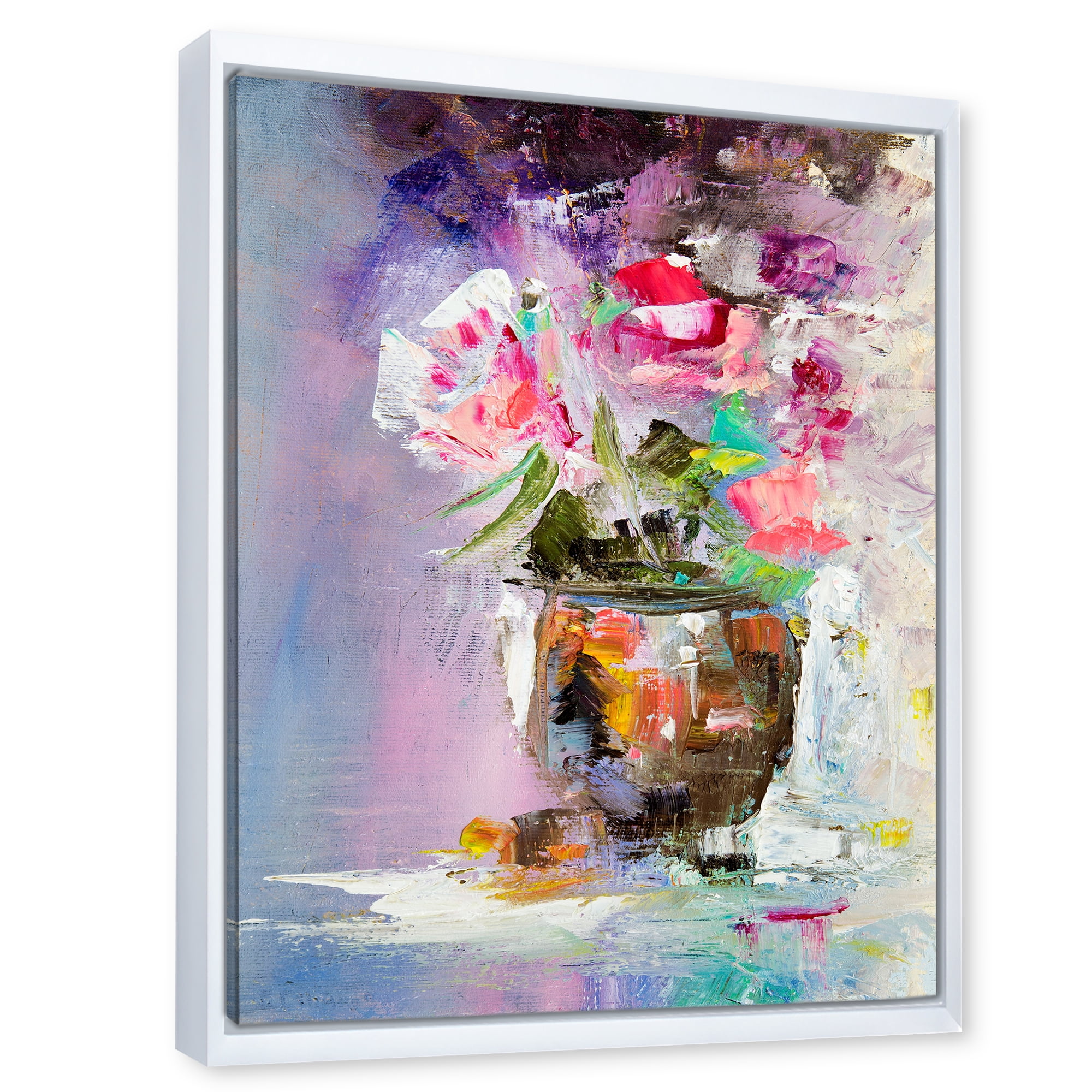 Designart 'Pink Fresh Abstract Flowers Bouquet in Vase' Modern Framed Canvas Wall Art Print
