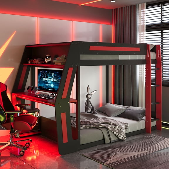 Aukfa Full Over Full Gaming Bunk Bed with Desk, USB Charging Station & LED Lights, Heavy-Duty Wood Esports Loft Bed Frame, Red