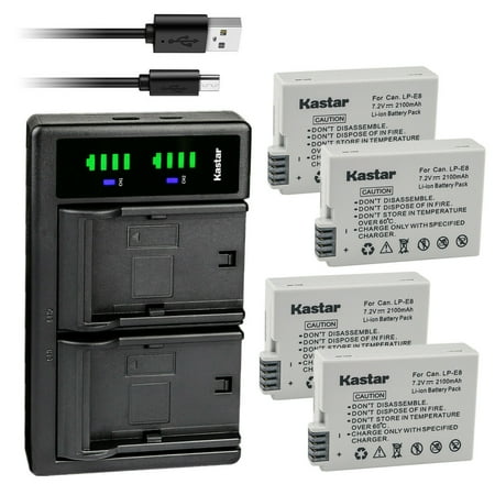 Kastar 4-Pack Battery and LTD2 USB Charger Replacement for Canon LP-E8 LPE8 Battery Canon LC-E8 LC-E8E Charger Canon EOS Rebel T2i EOS Rebel T3i EOS Rebel T4i EOS Rebel T5i EOS 550D Cameras