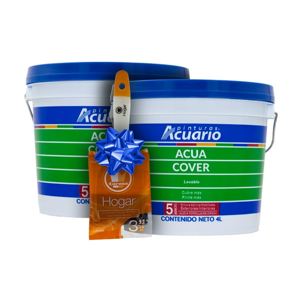 Pintura Vinil Acrílica Acua Cover Color Blanco 5 Años Mate 8 Litros Brocha Con Cerda Natural de 3' Kit Pinturas Acuario