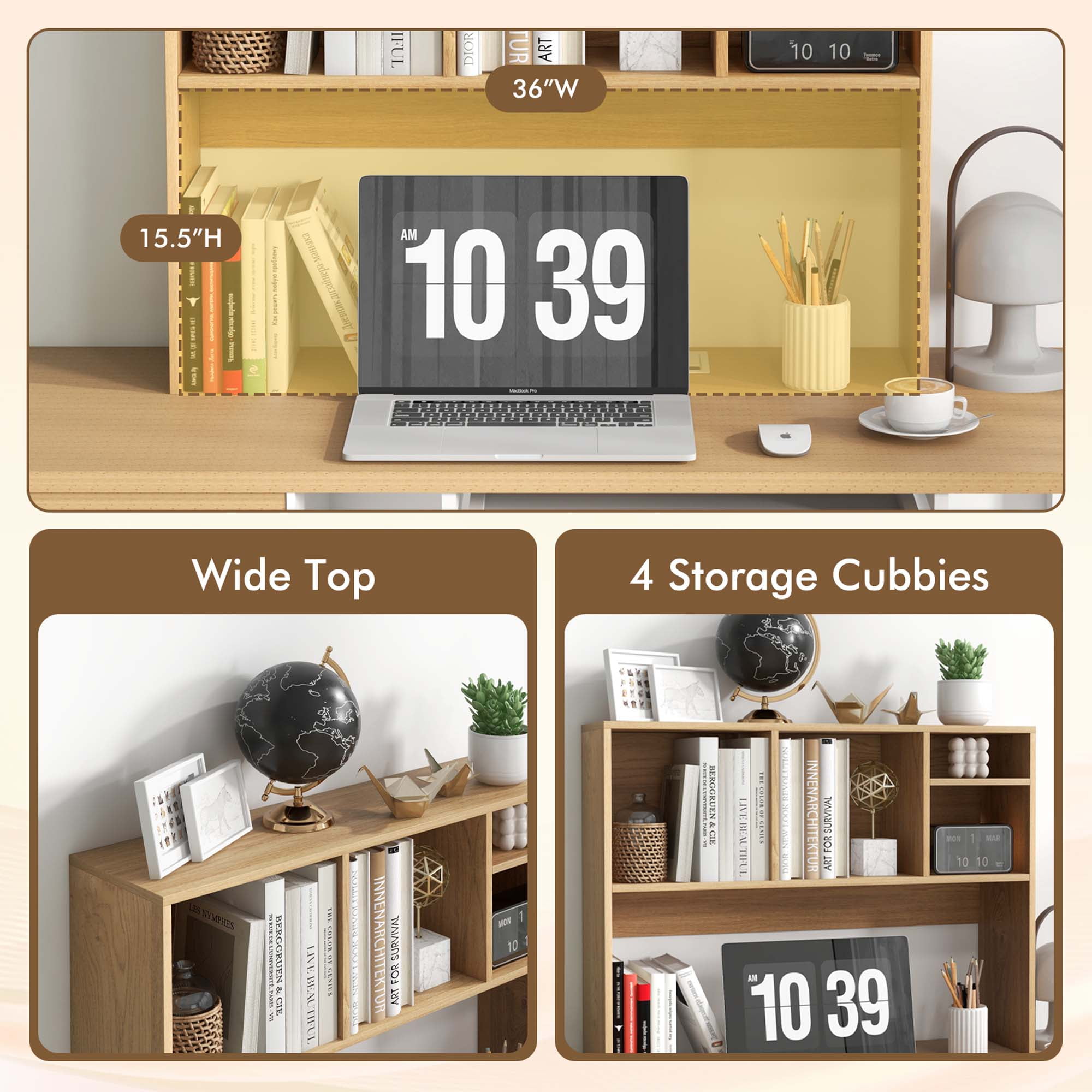Costway Computer Desktop Bookcase Countertop Storage Bookshelf Organizer with 4 Cubbies, Natural