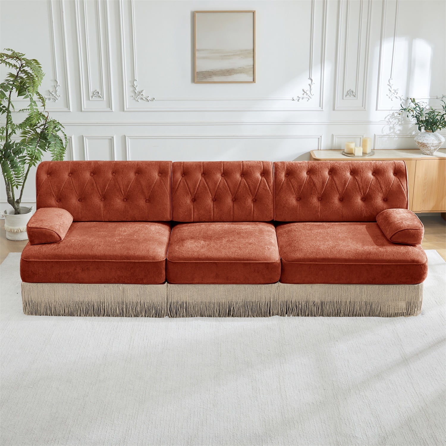 Hommoo 3-Seater Chesterfield Style Velvet Fabric Sofa Couch set, Tufted Button Upholstered Design and Floor-grazing Tassel, Free Combination Sectional Sofa, for Home, Red Brown