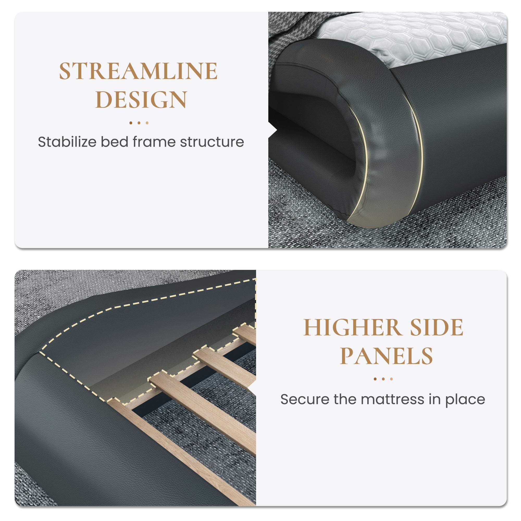 Sha Cerlin King Size Wave-Like Curve PU Leather Platform Bed Frame with Adjustable Headboard and LED Lights, Dark Grey