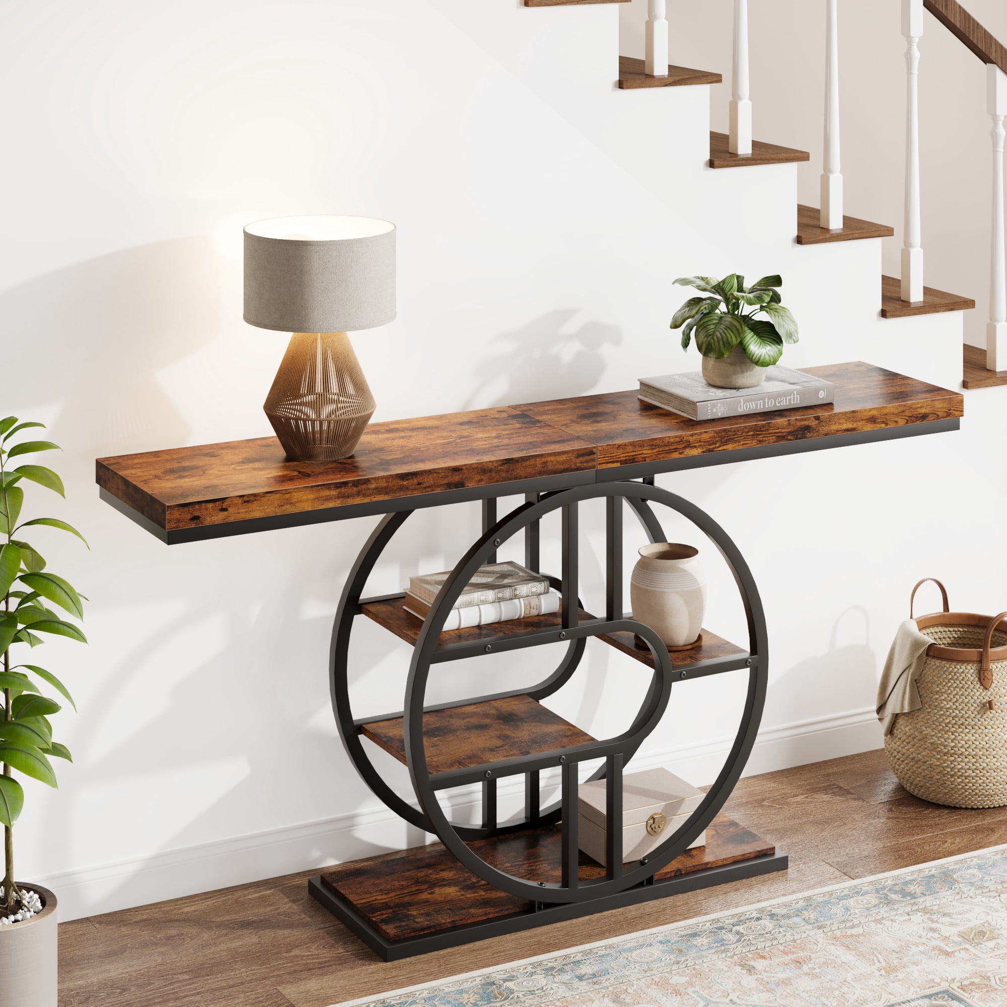 Console Table 55 Inch, Sofa Table with 3-Tier Storage Shelves and O-Shaped Metal Frame, Narrow Entryway Table for Dining Room, Hallway & Living Room