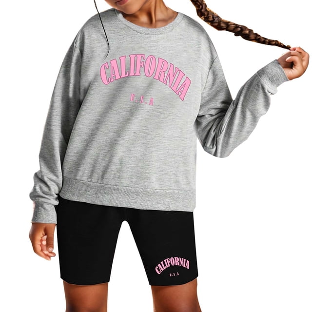 FAOWME Girls Casual Gray Letter Print Crew Neck Sweatshirt And Leggings Set Comfortable Athletic Outfits For Active Girls Grey 9-10Y