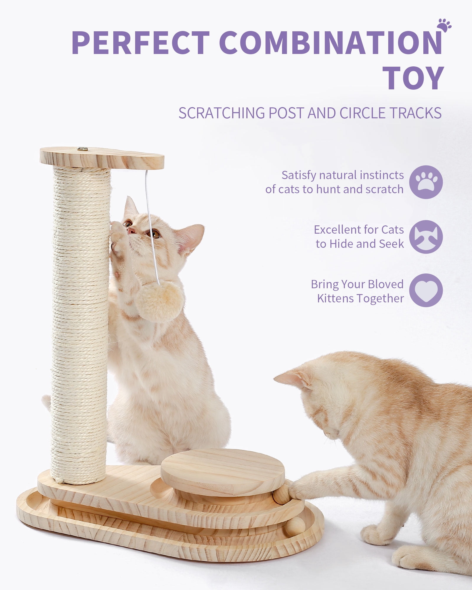 Made4Pets Beige Wooden Cat Scratching Post with Play Ball Interactive Toy，5"L x 9.8"W x 17.7"H