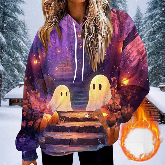 Frostluinai Spooky Season Womens Hoodie Halloween Ghosts Print Flannel Hooded Sweatshirts Warm Fuzzy Fluffy Fall Winter Pullover with Pockets S-XXL