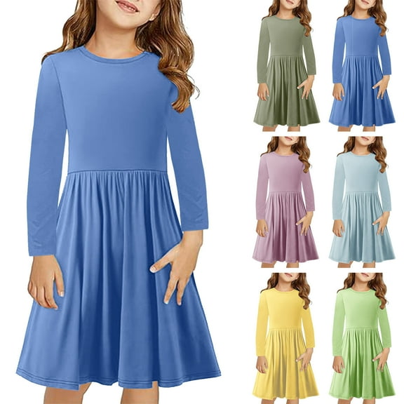 Ashirexll Girls Dresses Size 10-12, Girls Long Sleeve Dress, Children Long Sleeve Solid Color A-Line Dress Casual Pleated Dress in Fall and Winter