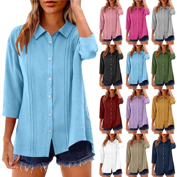 Pxxlle Button Down Shirts for Women Dressy Casual 3/4 Sleeve Pleated Shirt Cotton Linen Lapel Work Tops Yellow L