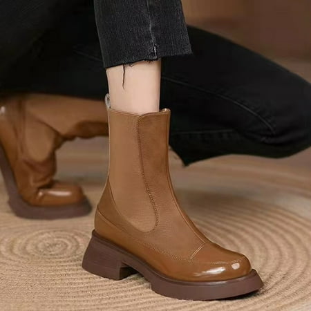 

LnjYIGJ Women s Middle Mid Calf Boots Women s Shoes Pointed Toe Solid Color Warm Zip Casual Retro Thick Heel Stitching Fashion Ankle Boots