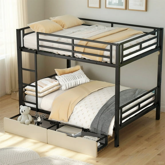YIYADO Full Size Metal Convertible Bunk Bed with 2 Storage Drawers, Black