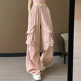 thumbnail image 2 of PMVFHDE Women's Solid Color Cargo Pants High Waist Button Detail with Pockets Casual Straight Leg Utility Trousers Pink，L, 2 of 9
