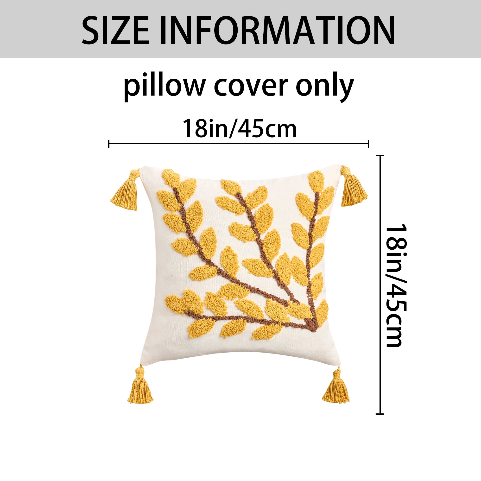 Unique Bargains Boho Pillow Cover with Tassels Set of 2 Yellow Small Leaves 18" x 18"