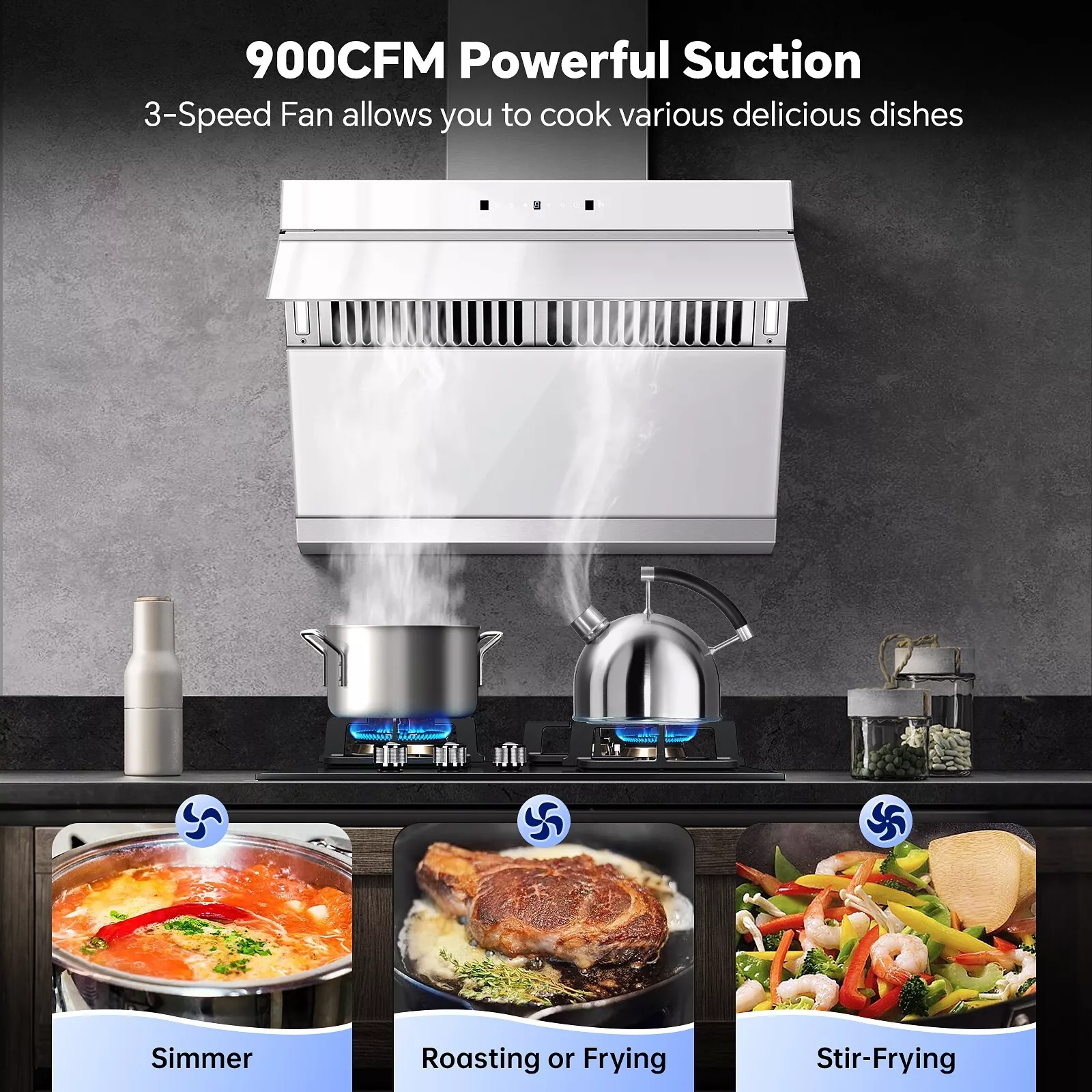 30 inch Under Cabinet Range Hood 900CFM 9-Speed Gesture Touch Control Silver White Glass Modern Vent Hood Kitchen