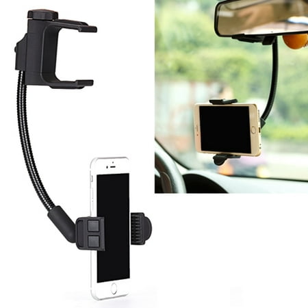 Premium Car Mount Rear View Mirror Holder Dock Cradle Adjustable Gooseneck Swivel Black 3D for iPhone 5 5C 5S 6 Plus 6S Plus 7 Plus SE - Google Pixel XL - HTC 10, Bolt, U11 - Huawei P10 P9 - LG G5