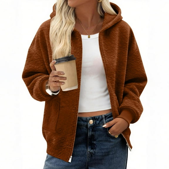 BXJX Women's Hooded Zip-Up Jacket- Fashion Casual Warm Fall Long Sleeve Loose Fit Pocket Coat Brown Size XL