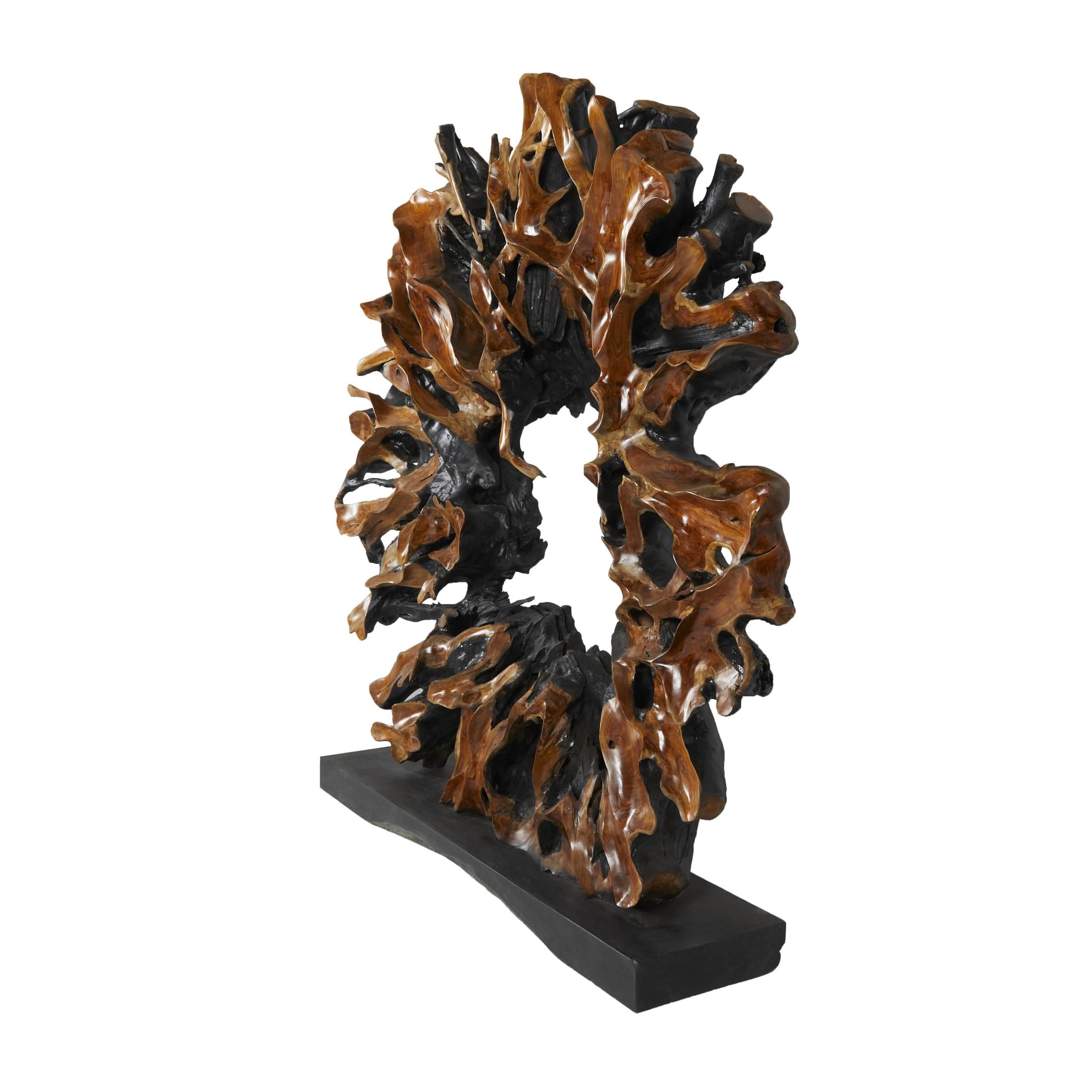 77" x 75" Brown Teak Wood Handmade Large Oversized Tree Root Floor Abstract Sculpture with Live Edge Teak Base, by DecMode