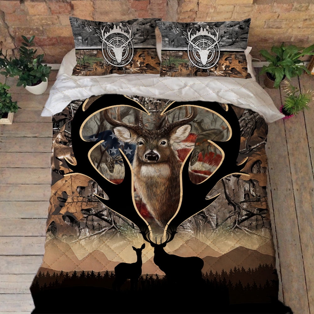 Flagwix 3 Pieces Queen Size Quilt Sets, Deer Hunting Quilt Bedding Set