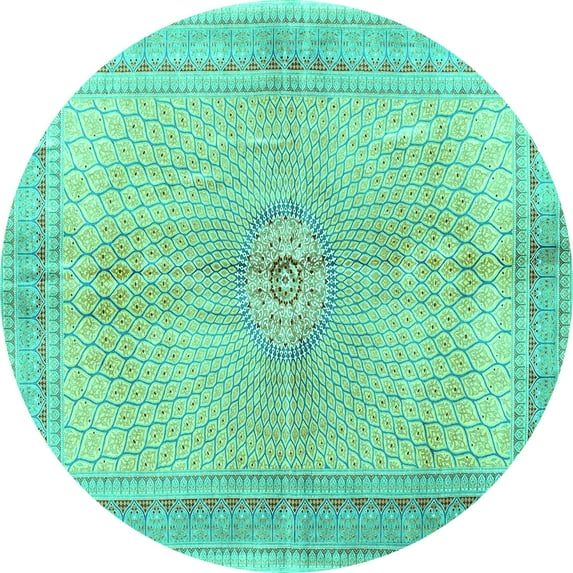 Ahgly Company Machine Washable Indoor Round Medallion Turquoise Blue Traditional Area Rugs, 6' Round