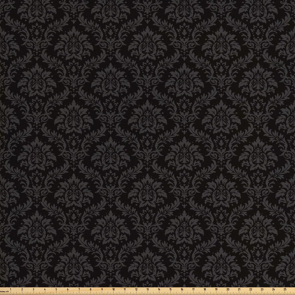 Black and Grey Fabric by The Yard, Flourishing Traditional Damask Style