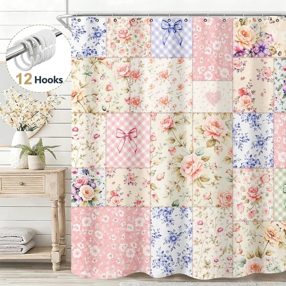 Vintage Watercolor Flower Fabric Patchwork Fall Shower Curtain, Elegant Exquisite Floral Rose Bow Pattern Waterproof Cloth Fabric Shower Curtain for Bathroom Home Decor, 36*72in