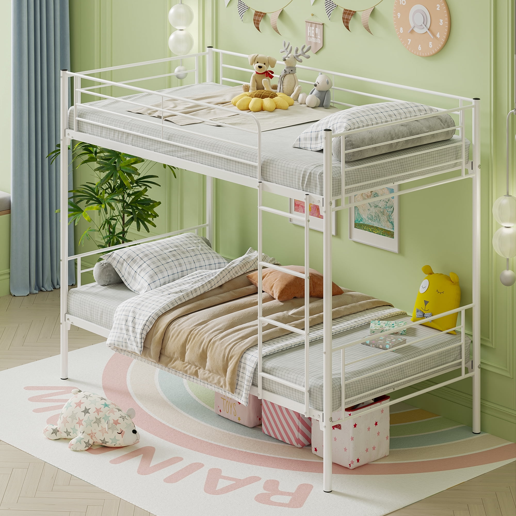 Yoneston Heavy Duty Twin Over Twin Metal Bunk Bed with Ladder and Full-Length Guardrail for Kids, Teens & Adults, White