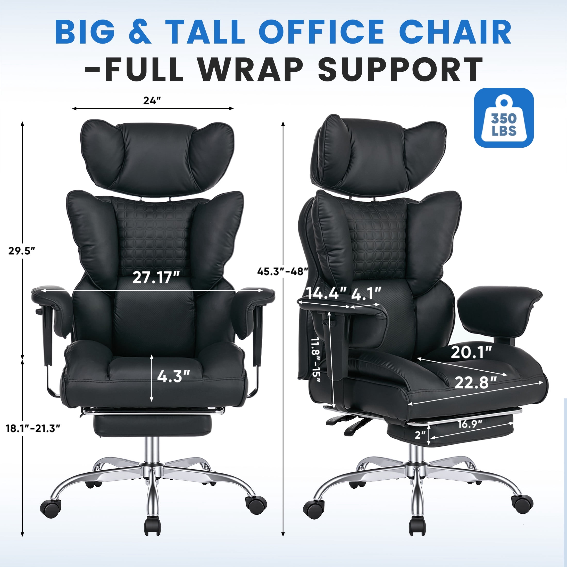 EDX Big and Tall Home Office Chair with Adjustable Armrests and Footrest,PU Leather Excutive Computer Chair with Wide Seat,Desk Chair with Ergonomic Lumbar Support,Black