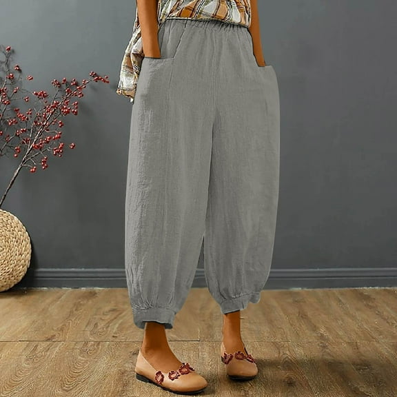 Meichang Womens Linen Pants Summer Baggy Harem Pants Elastic Waist Casual Lantern Trouser Beach Palazzo Harem Pants with Pockets