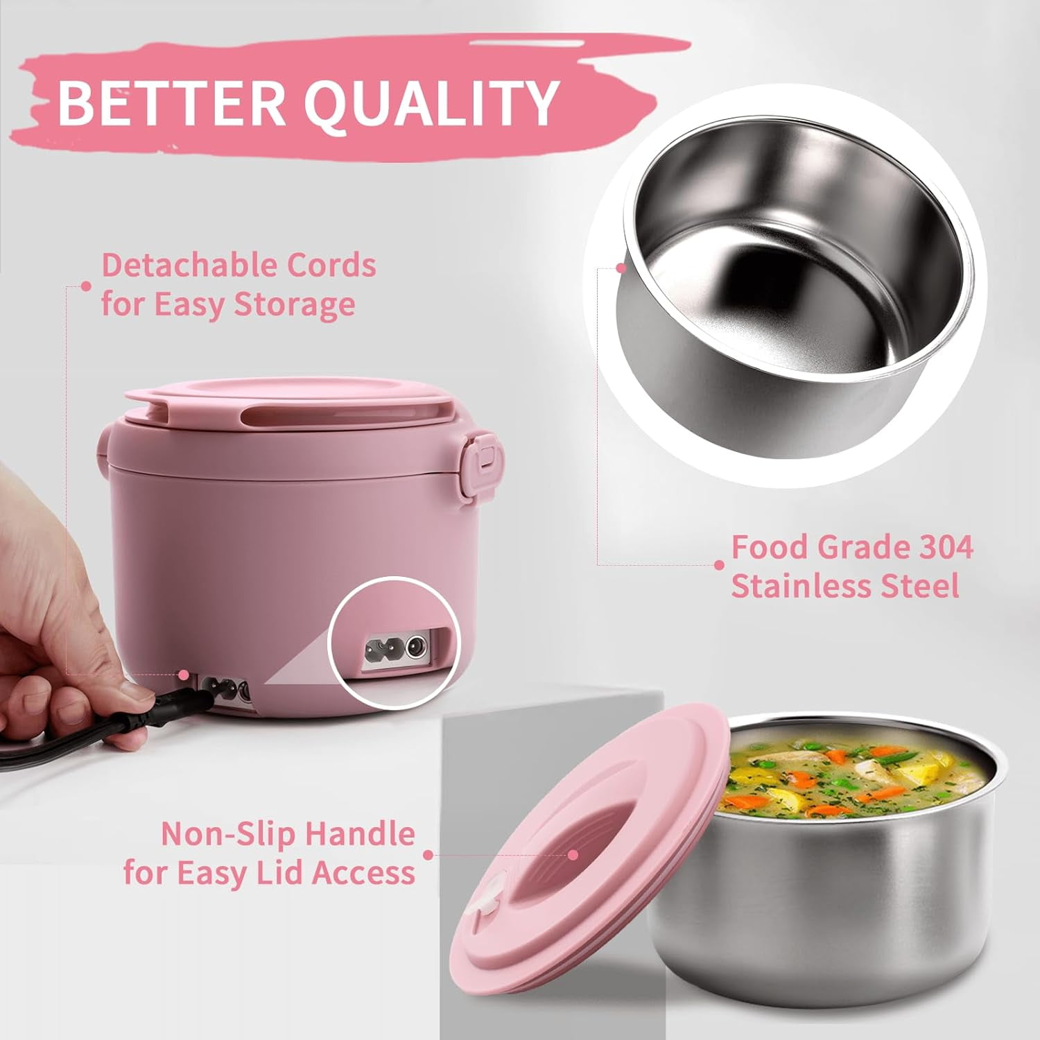 Aotto Electric Lunch Box, 32 oz Portable Heated Lunch Box for Adults, 12V/24V/110V Portable Food Warmer for Car/Truck/Work, BPA-Free, Pink